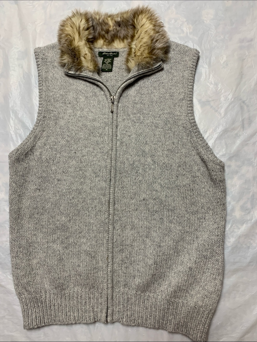 Eddie Bauer Vintage Angora Rabbit Hair Wool Gray Zip Up Fur Trim Vest